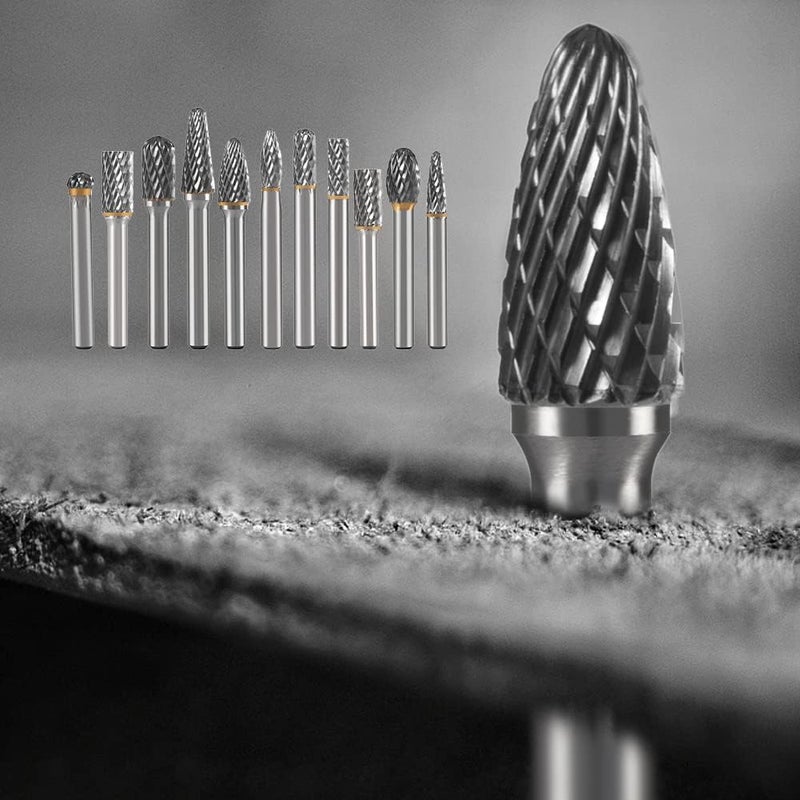 HIDOTOL Carbide Burr Set 1/4" Shank 10PC Tungsten Double Cut Carbide Rotary Burr Set for Metal and Wood Carving, Grinding, Polishing, Engraving, Drilling in Sturdy Round Case. - Image 4
